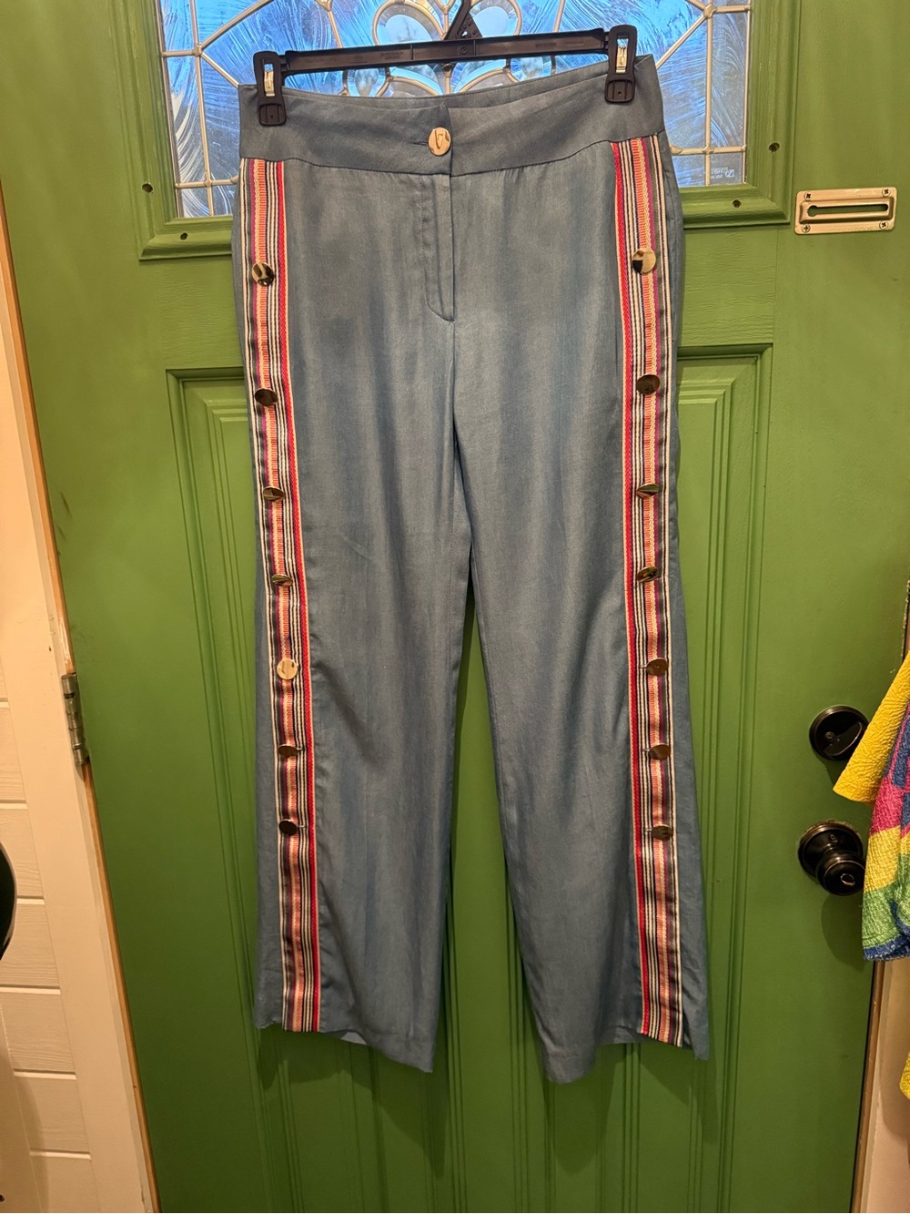 Vilagallo Light Blue Chinos with Multicolor Side Stripes and Gold Buttons